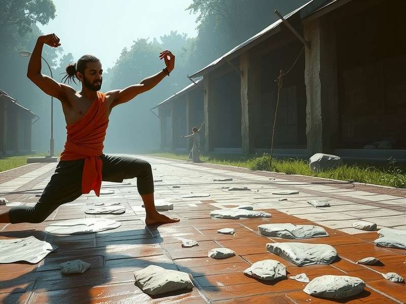 Rishikesh Flow Fighter character performing yoga combat moves