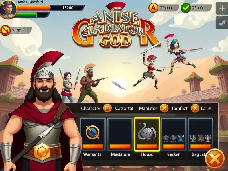 Anise Gladiator God game banner showing characters and combat scenes