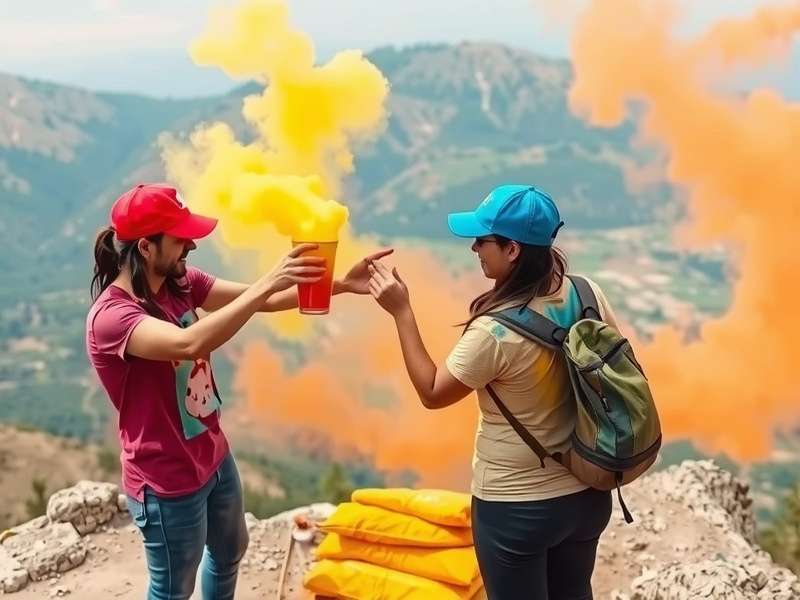 Participants enjoying Holi Hike in mountainous terrain
