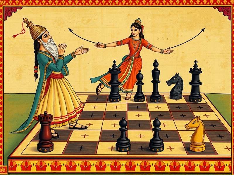 Historical Depiction of Royal Chess India Ancient Indian artwork depicting Royal Chess India being played