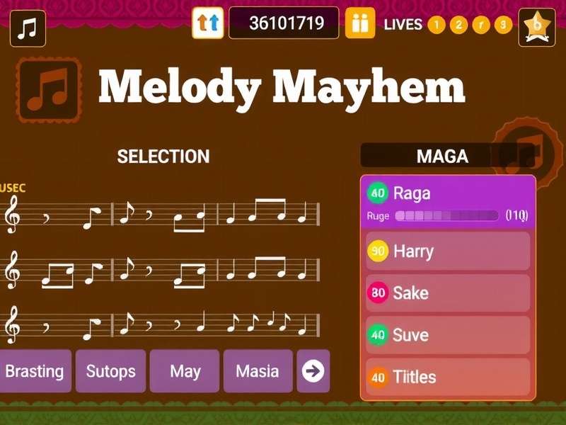 Melody Mayhem Gameplay Melody Mayhem gameplay screenshot showing rhythm notes and Indian-themed background