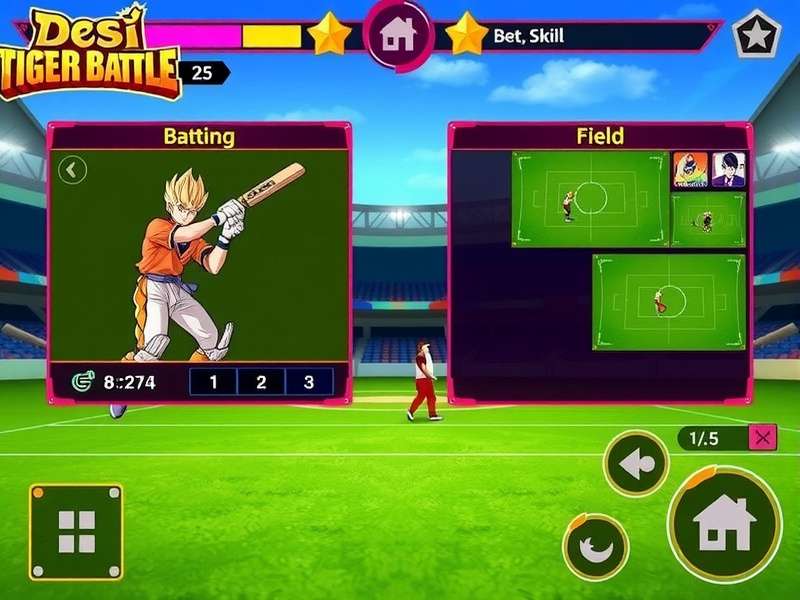 Desi Tiger Ball Battle gameplay screenshot showing batting interface