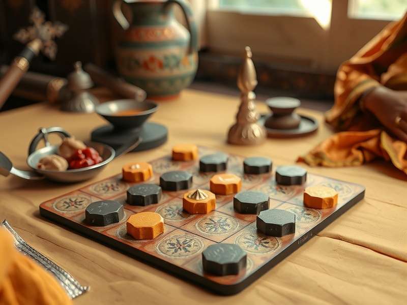 Jaggery Journey Traditional Game Setup Traditional Indian Jaggery Journey gameplay setup showing board and pieces