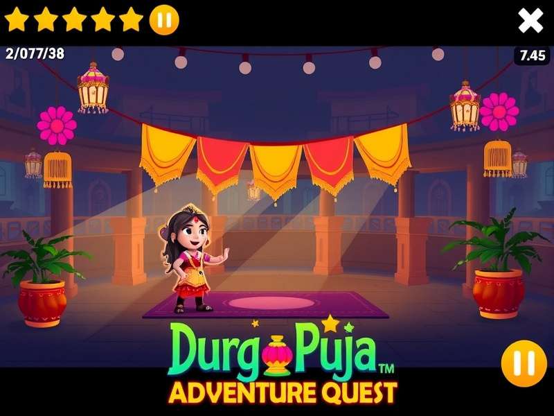 Durga Puja Adventure Quest gameplay screenshot showing festival environment