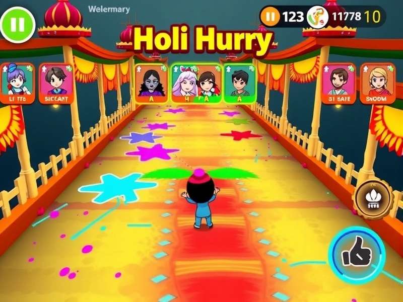Vibrant Holi Hurry Gameplay Holi Hurry gameplay showing colorful race track with festival elements