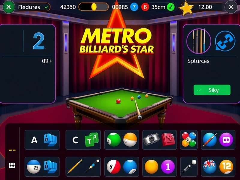 Metro Billiards Star customization options showing different cue designs and table styles