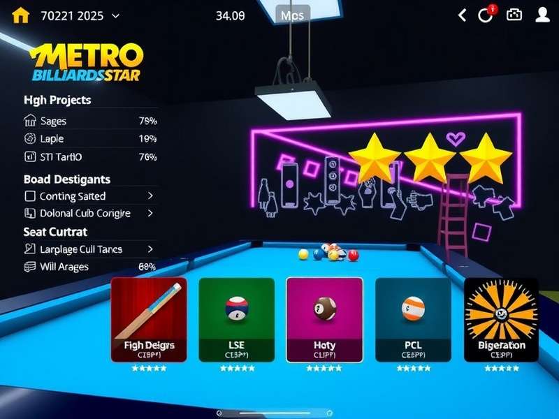 Metro Billiards Star gameplay interface showing realistic billiards table and controls