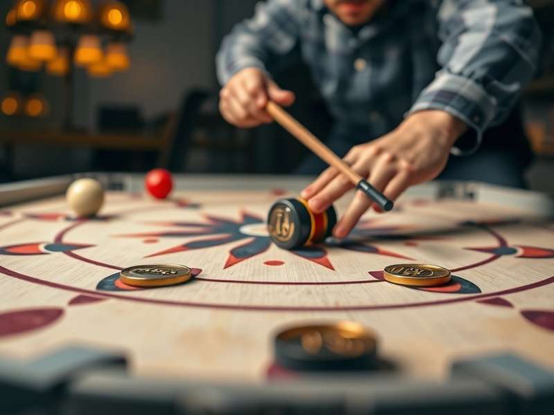 Close-up of Desi Billiards Master coins and striker on carom board