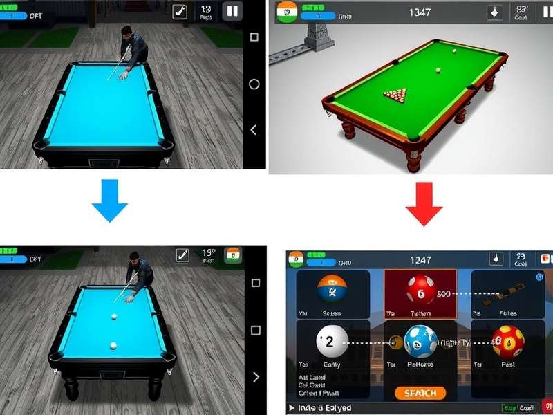 India Billiards 3D showing different game modes and control options